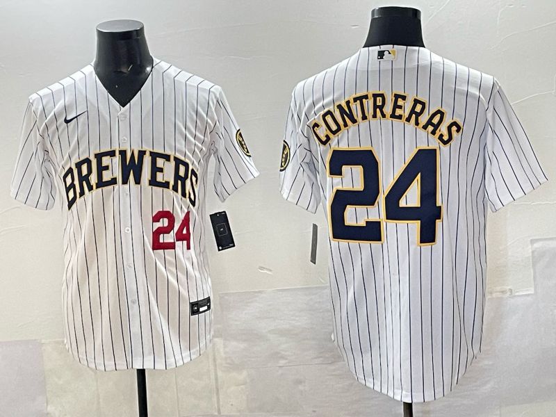 Men Milwaukee Brewers #24 Contreras White Stripe Nike MLB 2025 Jersey 02